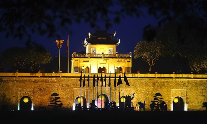 Thang Long Imperial Citadel in Hanoi is lit up at nigh
