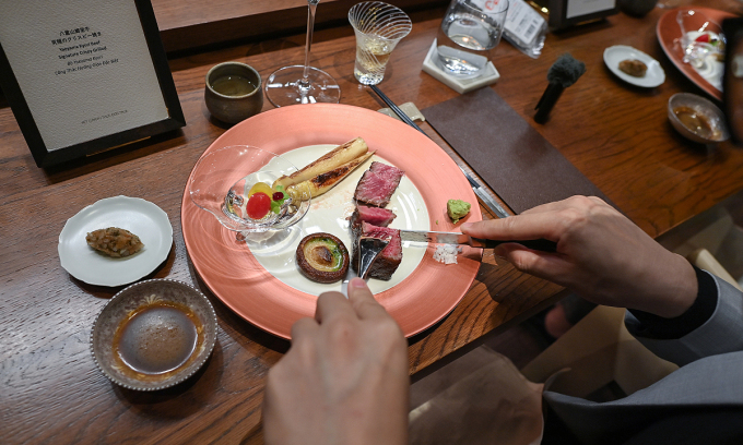 A beef dish is served at Michelin-starred Hibana by Koki restaurant in Hanoi.